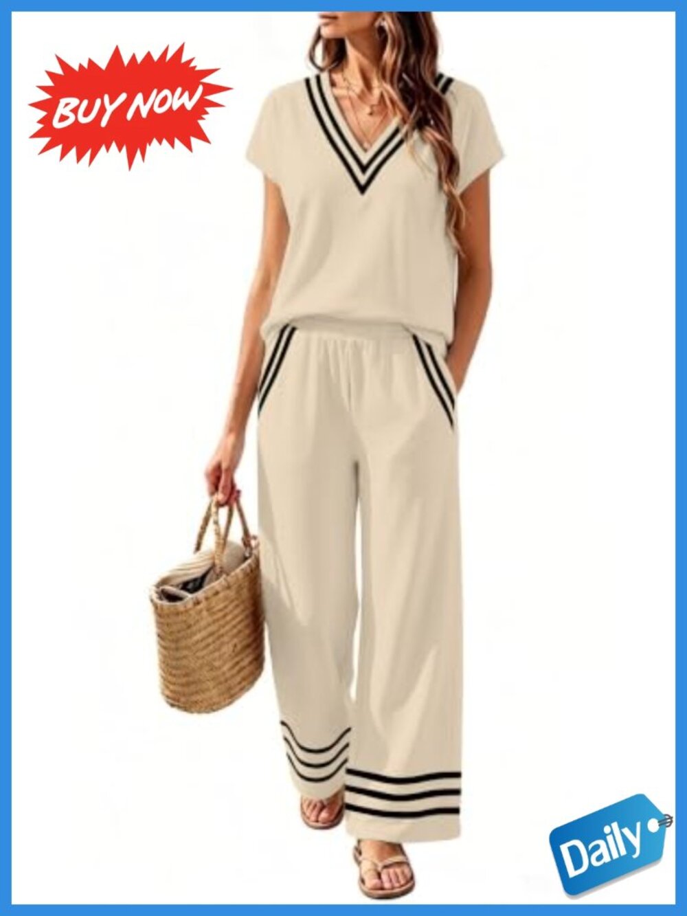 Two Piece Lounge Set V-Neck Top Wide Leg Pants Travel Outfit